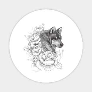 Wolf and flowers drawing Magnet